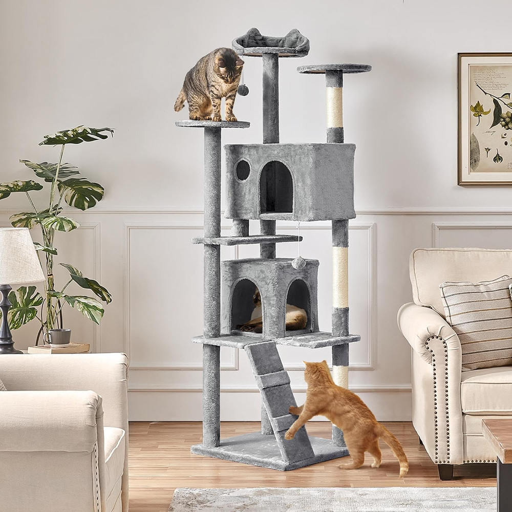 80" Tall Cat Tree with Scratching Posts, Caves, and Platforms - Light Gray