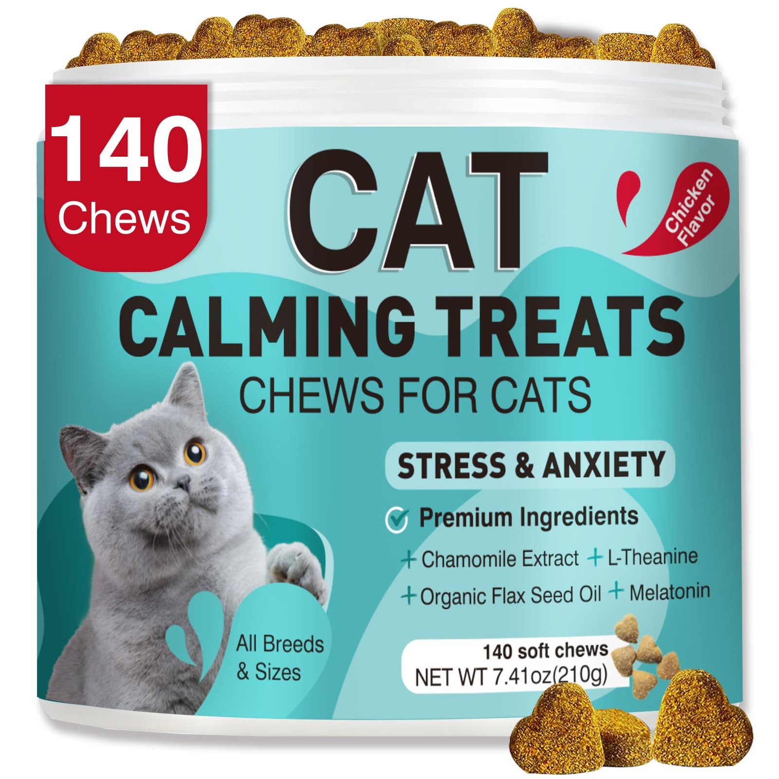 MNQAXZ Cat Calming Treats, 140 Soft Chews to Relieve Anxiety, Stress & 140