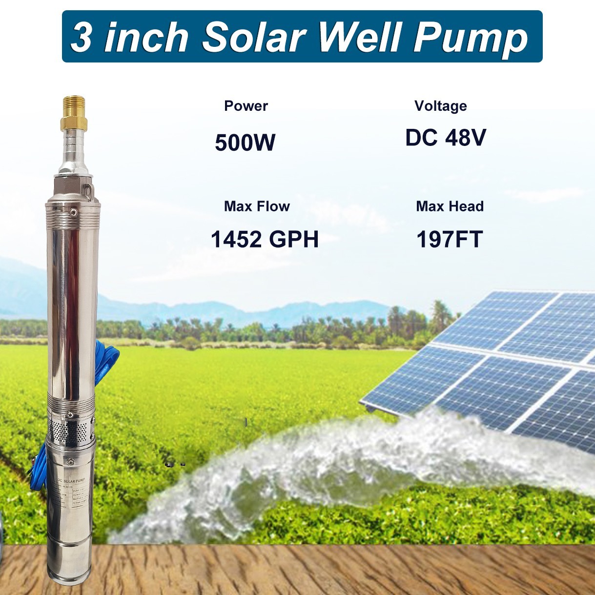 500W 3" DC 48V Solar Pump Submersible Pump Bore Deep Well Pump 33ft Copper Wire