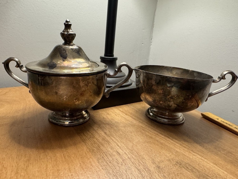Vintage Silverplate Sugar Bowl & Creamer Set Footed Classic Scroll Handles