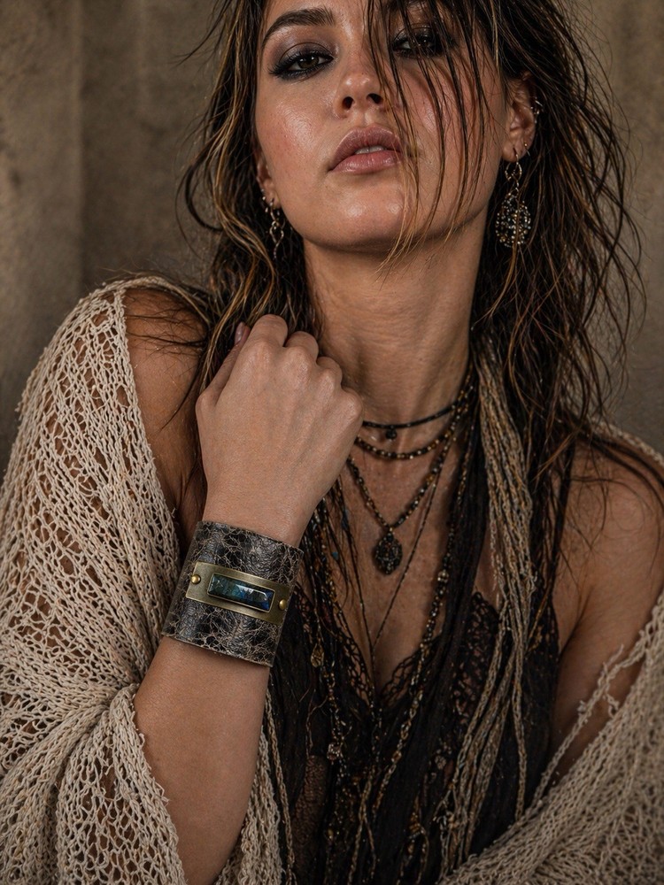 Wide Distressed Leather Cuff Bracelet Labradorite Stone Brass Rivets Boho Rustic