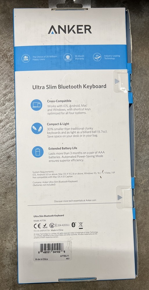 Anker Ultra Slim Bluetooth Keyboard - Apple & Android Compatible - Black NIB