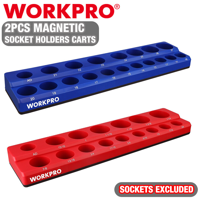 WORKPRO 2PC 1/2" Magnetic SAE Metric Socket Organizer Set Socket Holder Cart Set