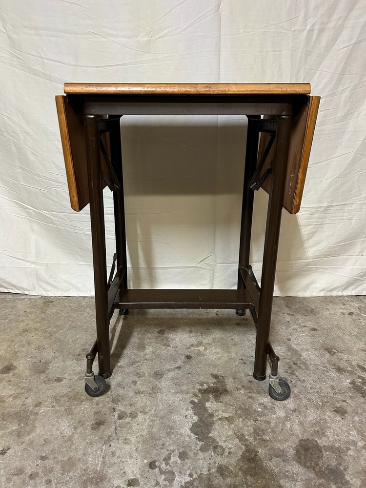 Unique rustic industrial steampunk drop leaf utility table, steel base