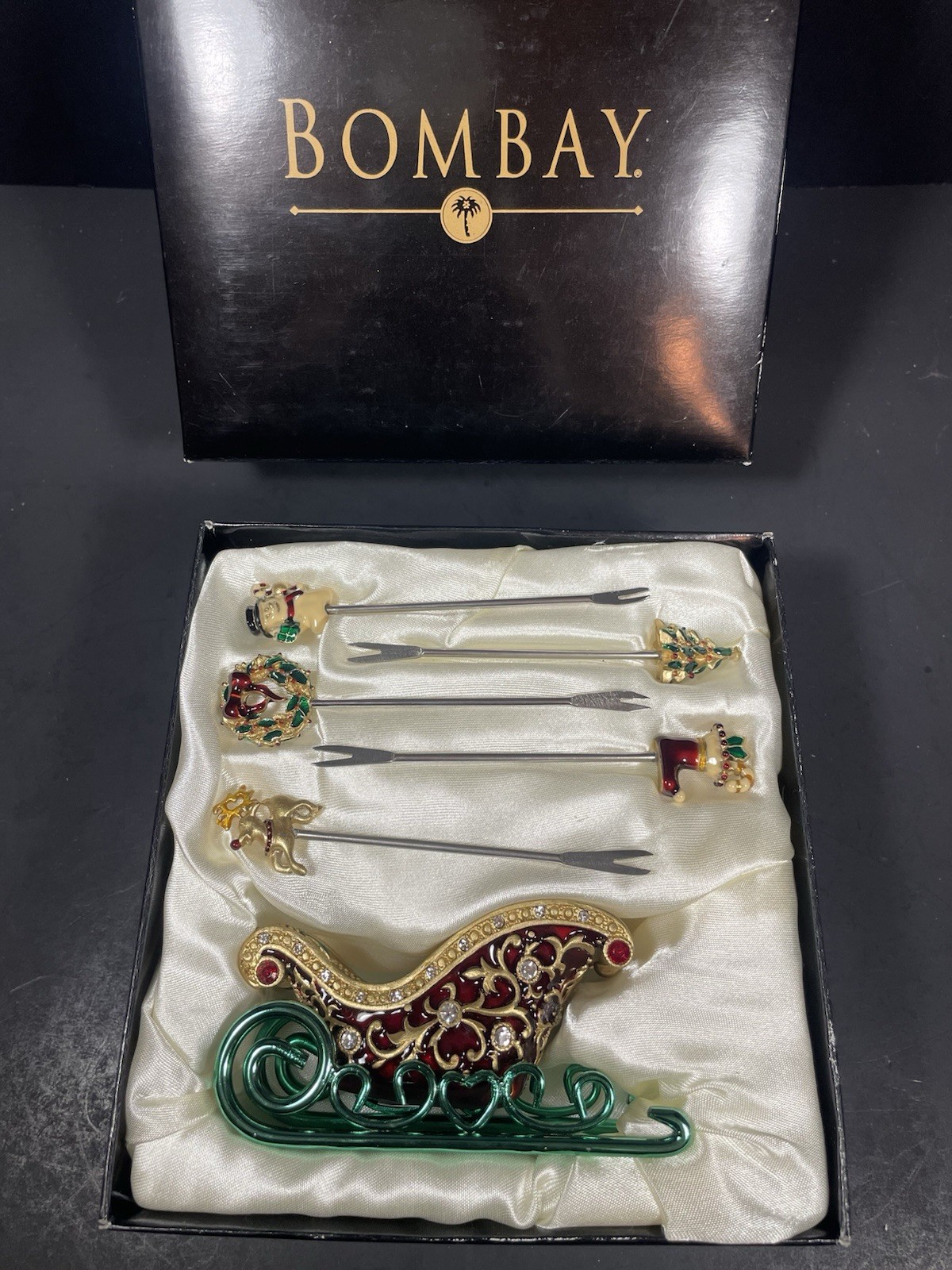 Bejeweled Bombay Christmas Sleigh w Cocktail Picks Forks Enameled In Box