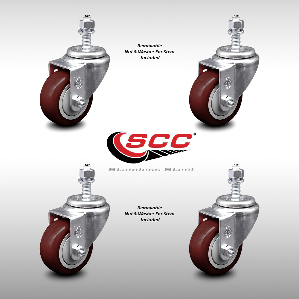 3 Inch SS Maroon Polyurethane Wheel Swivel ½ Inch Threaded Stem Caster Set SCC