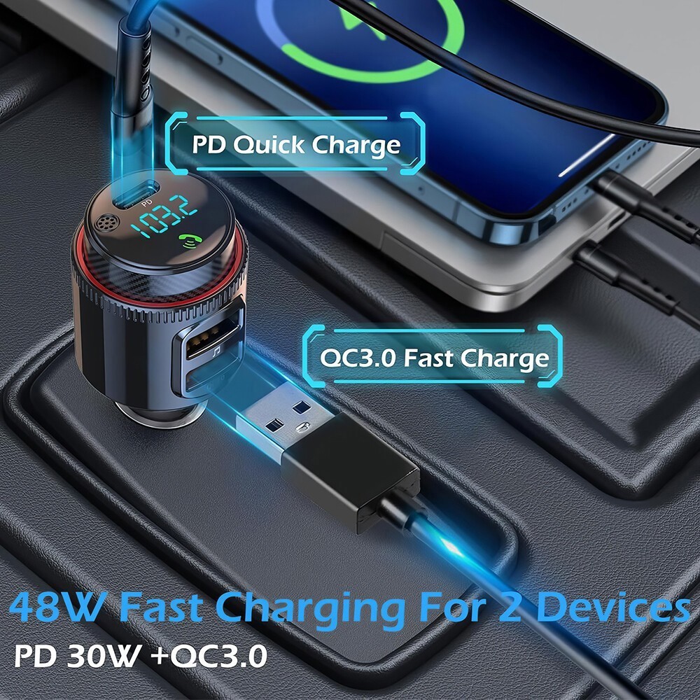 Bluetooth Car Radio Adapter Wireless FM Transmitter QC 3.0 & PD Fast Charger MP3