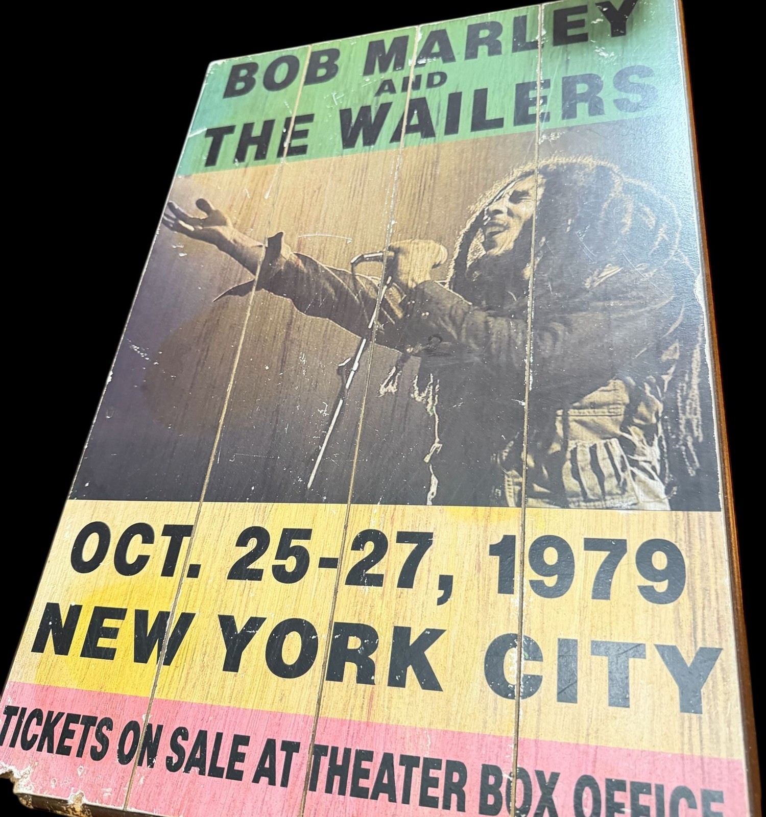 Bob Marley & The Wailers Wood Ticket Sign - October 25-27 1979 New York City