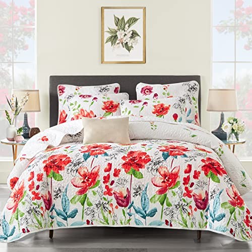 3 Piece Queen Reversible Floral Quilt Set White Red Green Queen (90x90) Flower