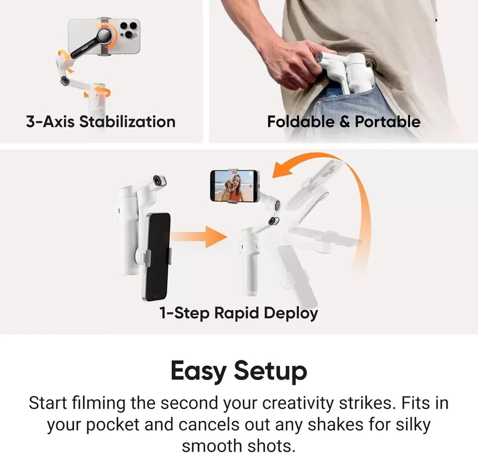 Insta360 Flow 2 Pro White AI Smartphone Selfie Stick Tripod Stabilizer Tracking