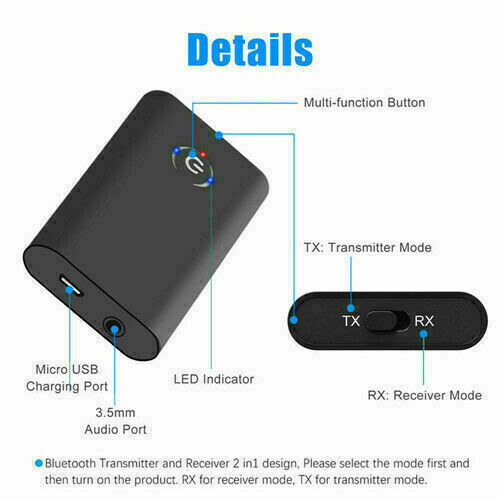 Bluetooth 5.0 Transmitter Receiver 2 IN 1 Wireless Audio 3.5Mm Jack Aux Adapter
