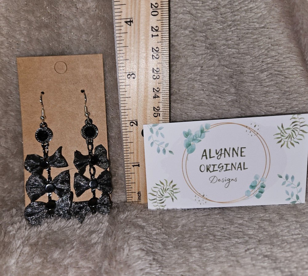 Handmade Triple Bow Black and Silver Dangling Earrings