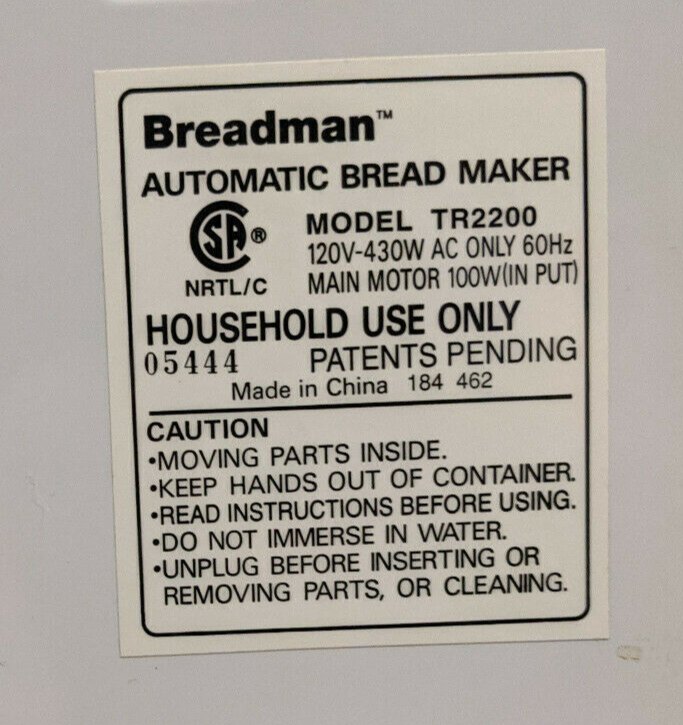 Heating Element for Breadman Bread Maker Models TR2200 (4-rivet only) TR2200C