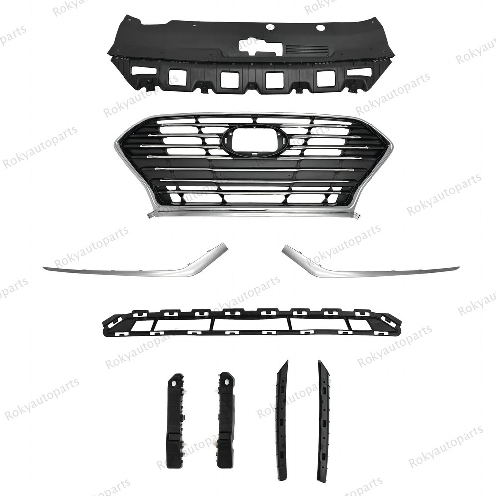 9PC For Sonata 2018-2019 Upper Lower Chrome Grille Mesh Bumper Moulding Brackets