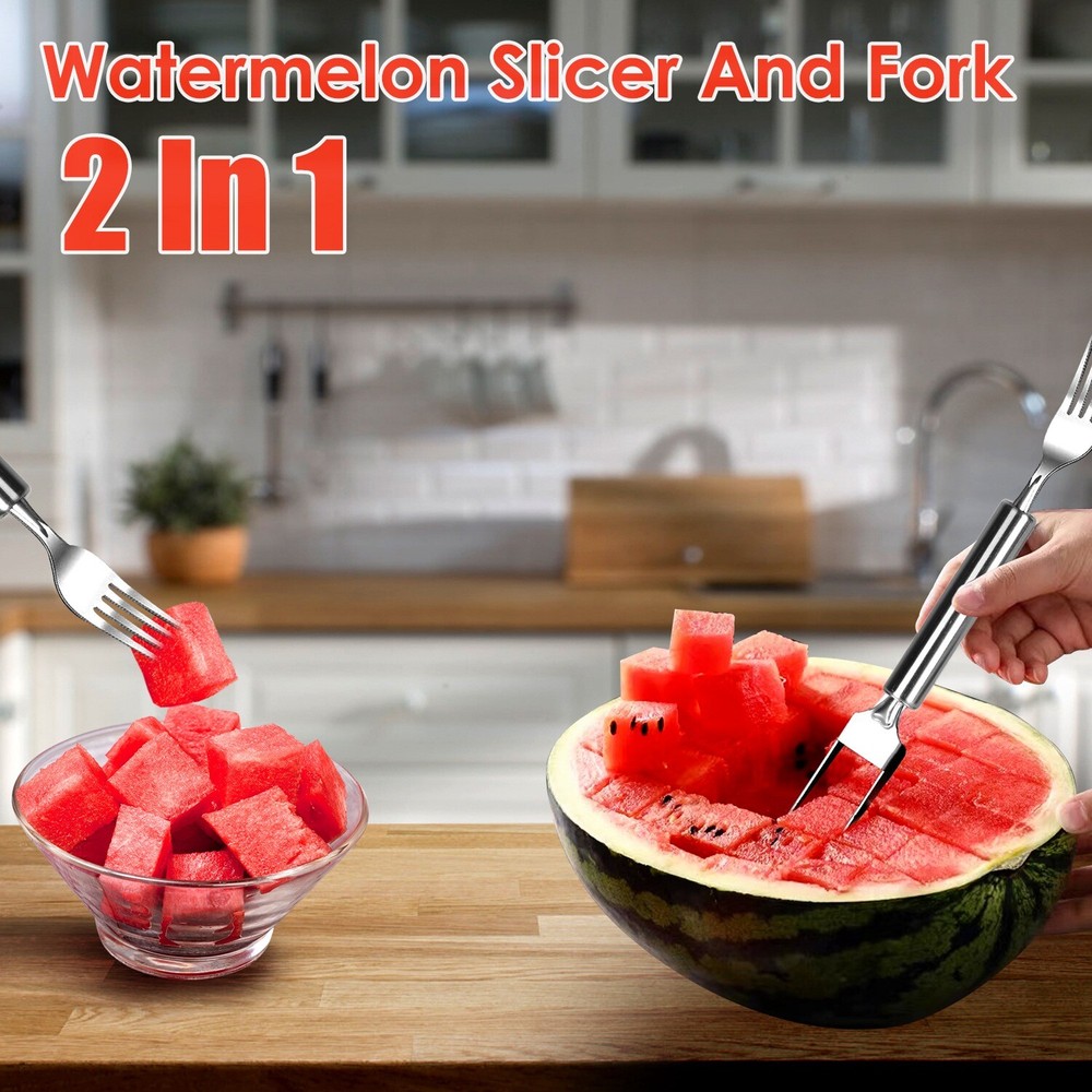 5Pc Stainless Watermelon Cutter Slicer Fork Kitchen Fruit Cutting Fork-Dual Head