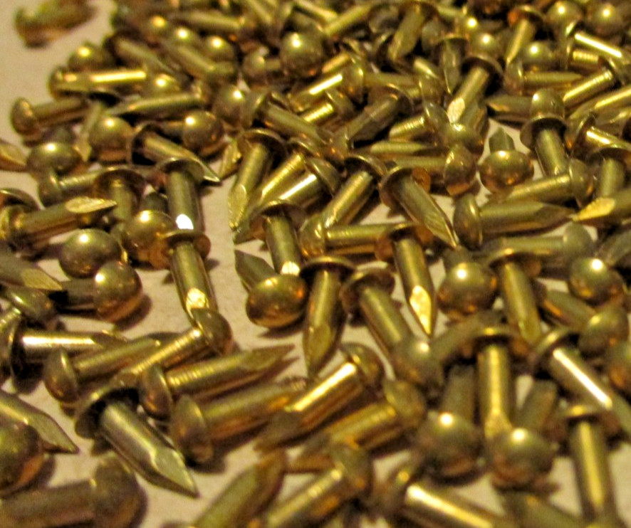 100--VINTAGE 1/4" X #13, SOLID BRASS BRAD NAILS, ROUND DOME HEAD ESCUTCHEON PINS