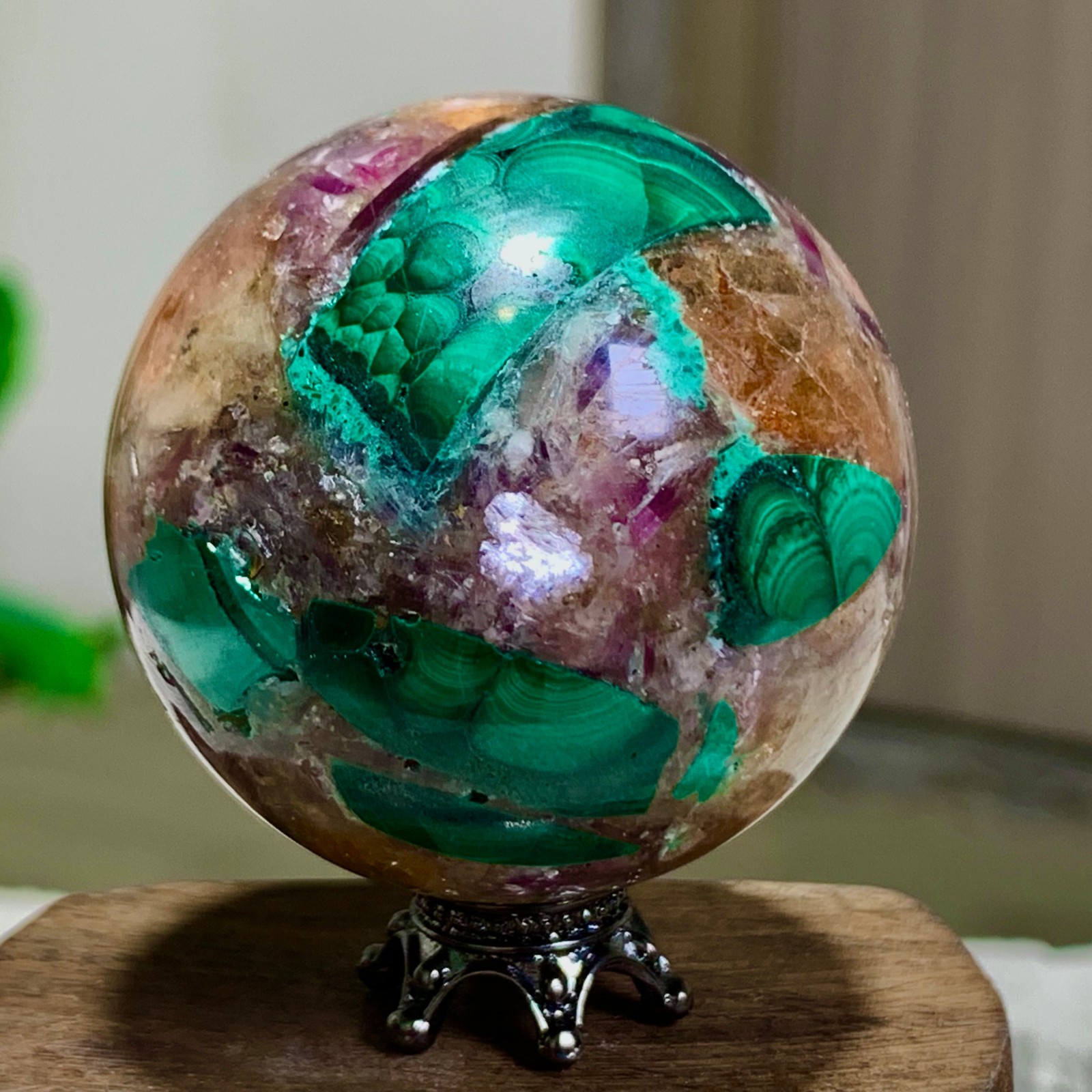 102G Newly discovered rare malachite purple mica symbiotic sphere restoration