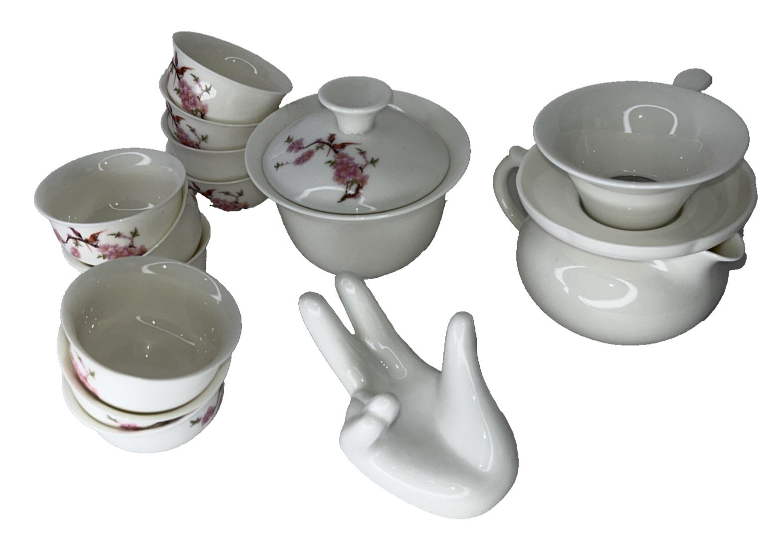 Vintage Asian Traditional Mini Bone China Tea Set White Pink Cherry Stem Bird