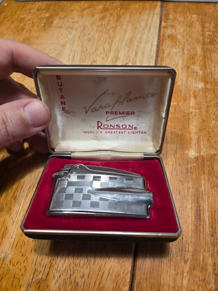 Ronson Veraflame Premier Lighter In Original Case Checker Pattern