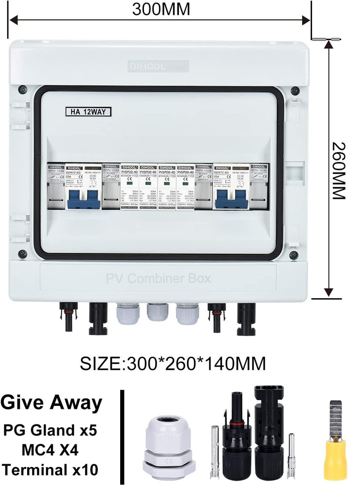 DIHOOL PV Solar Combiner Box for Solar Panels 2 String 25 Amp Junction Box DC500
