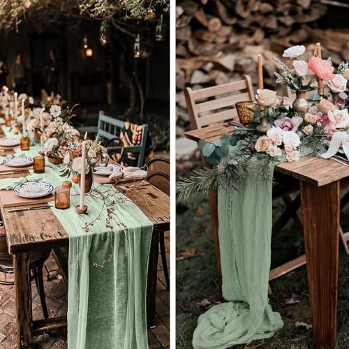 Table Runner, 10FT Cheesecloth Table Runner Long Romantic 12 Pack Sage Green