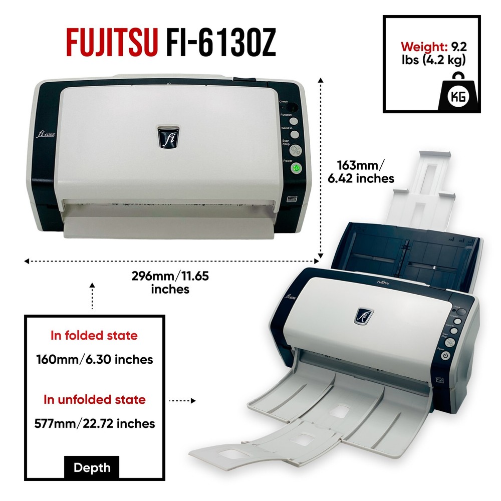 Fujitsu FI-6130Z Duplex Scanner w/NEW ZERO COUNT ROLLERS & Trays AC Adapter USB