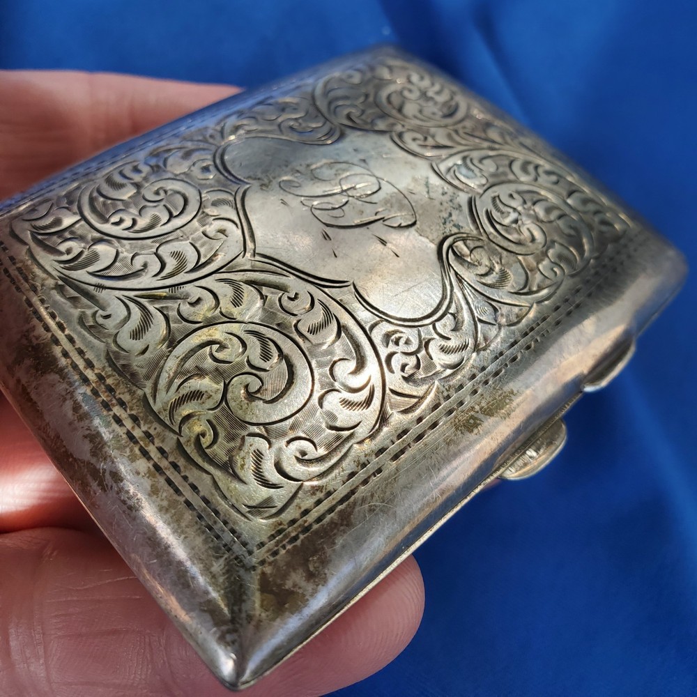Rare Solid SILVER Hand Engraved Compartment Cigarette Vesta Case Monogram c1860
