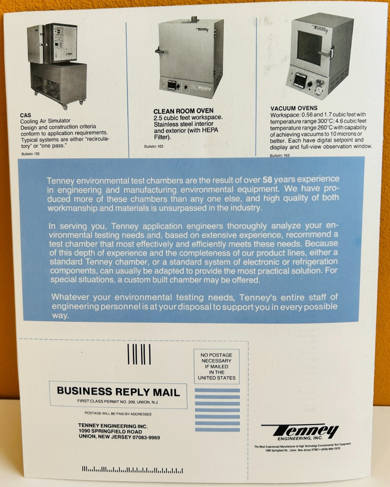 Tenney Engineering Environmental Test Equipment Bulletin #100EE Quick Catalog.
