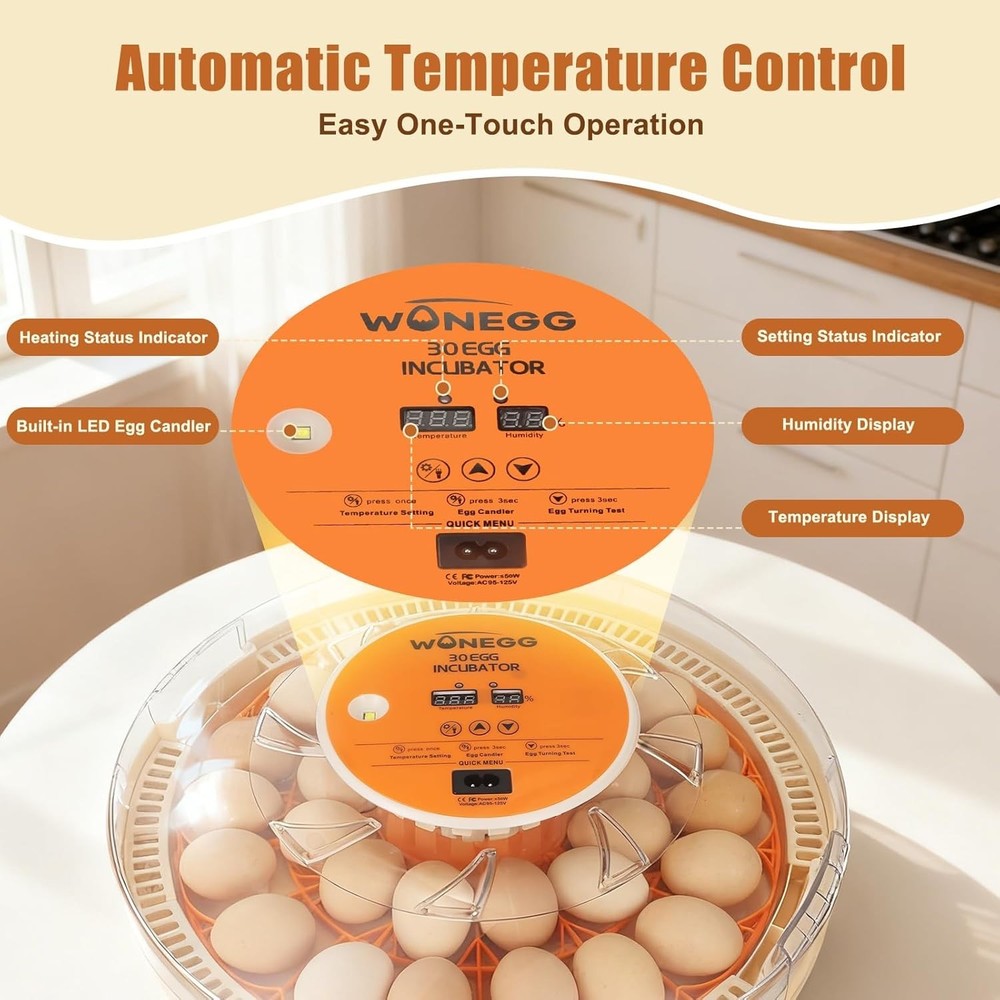 30 Egg Incubator with Humidity Display Egg Candler Automatic Egg Turne