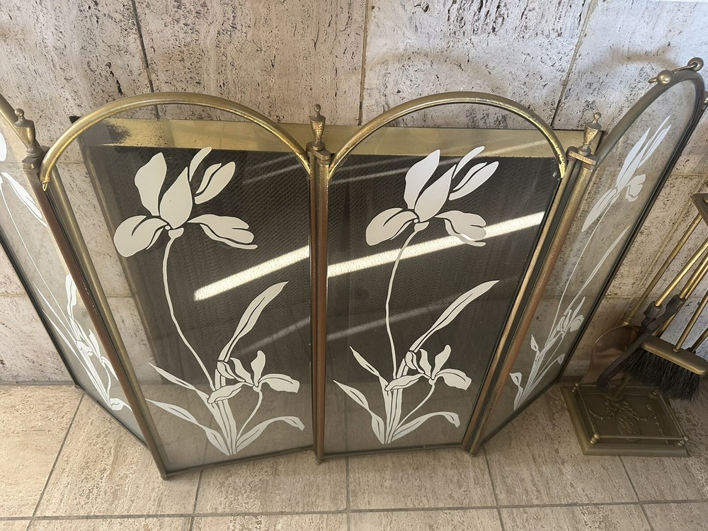 Vintage Glass Fireplace Screen And Tools