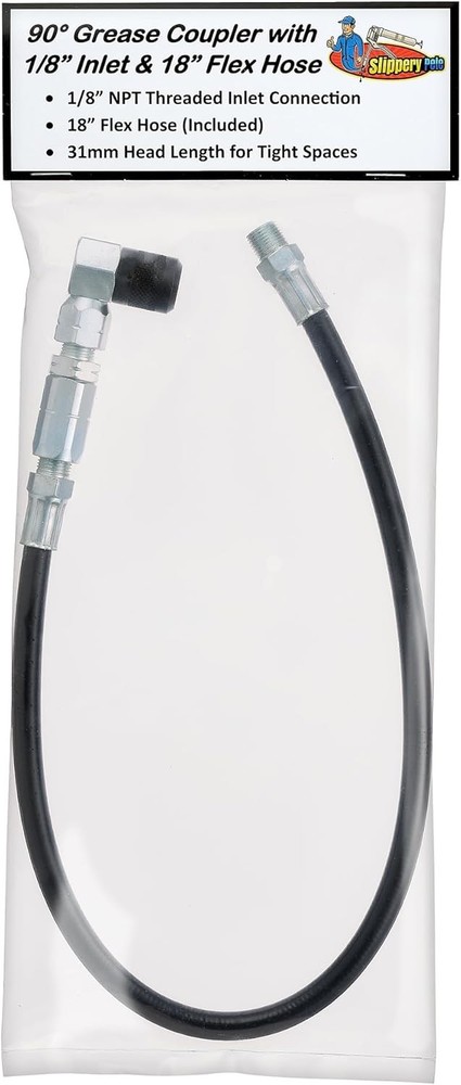 Slippery Pete 90 Degree Grease Gun Coupler - 18 Inch Flex Hose, Threaded...
