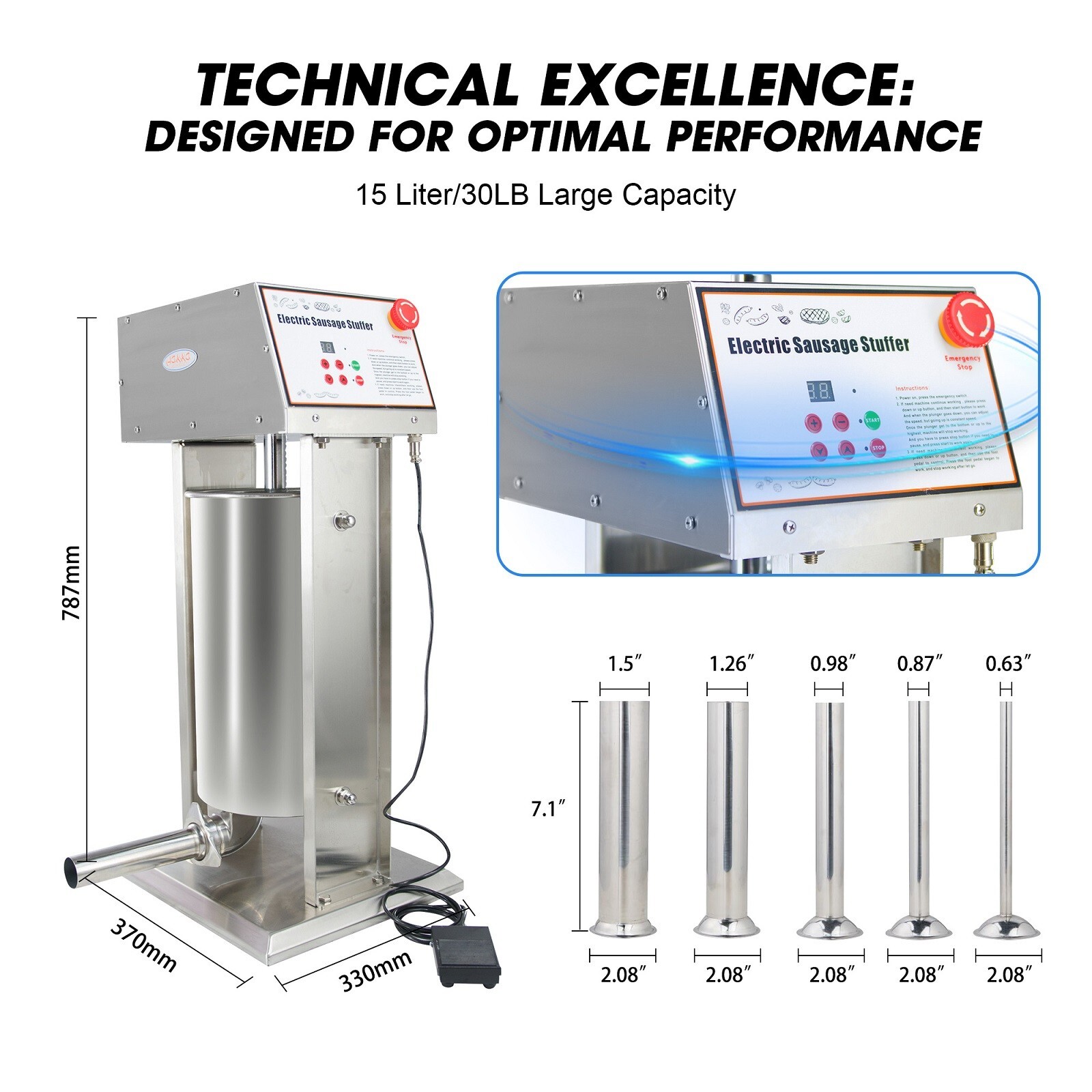 Hakka Commercial Electric Sausage Stuffer 30LBS 15L Stainless Steel Meat Maker