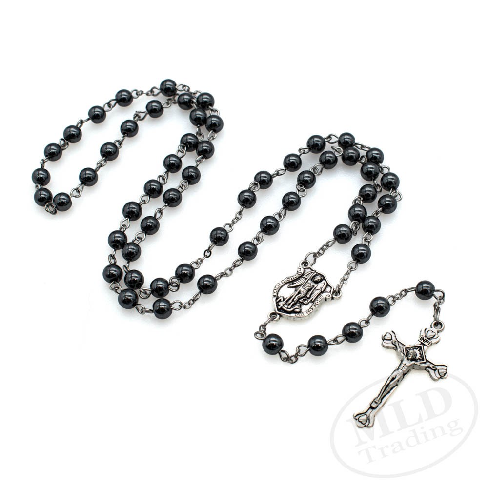Saint St Michael Hematite Rosary Necklace – 6mm Beads – 19" Long Wearable