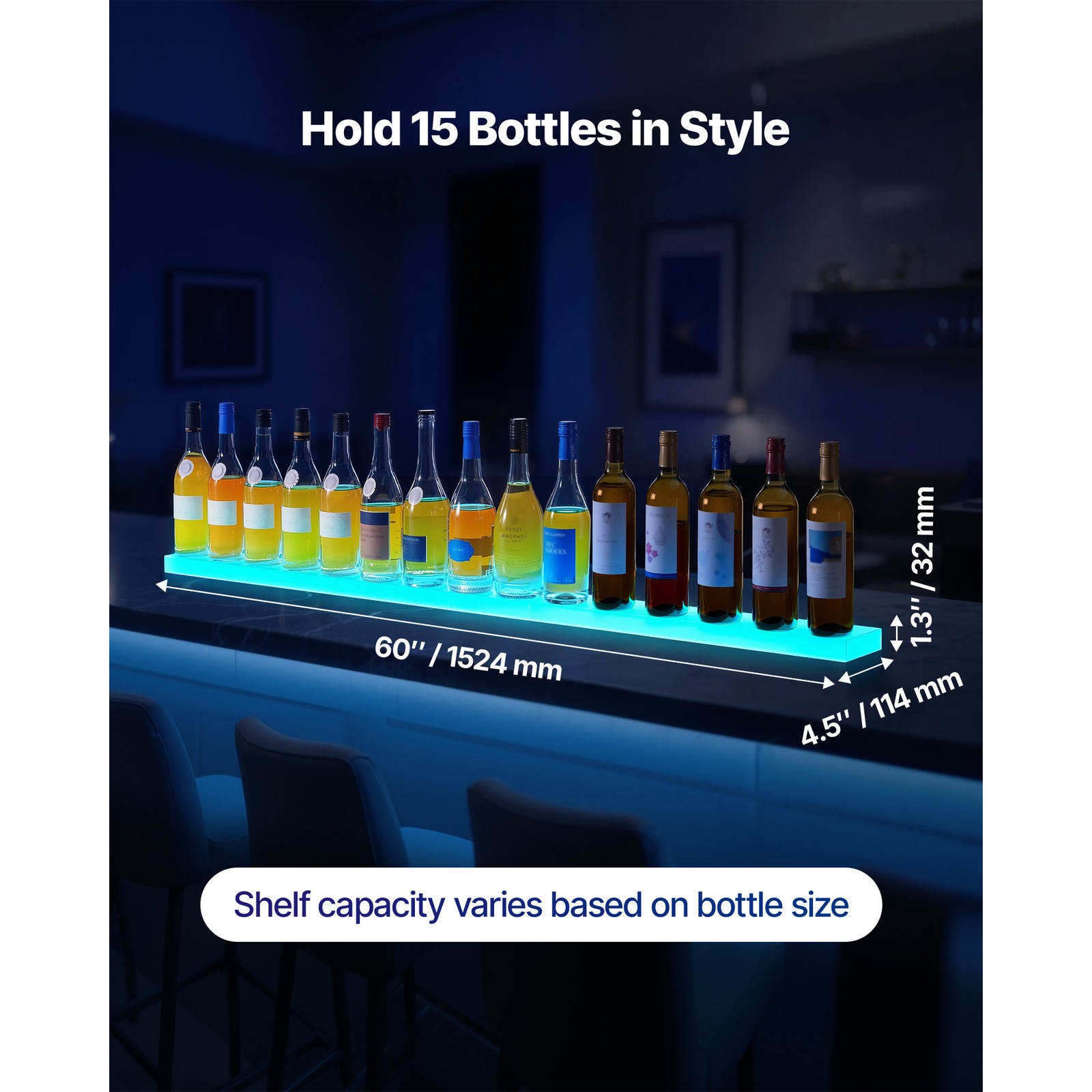 Uimoso LED Illuminated Liquor Bottle Shelf, 1-Tier, 60 Inches, Holds 15 Bottles