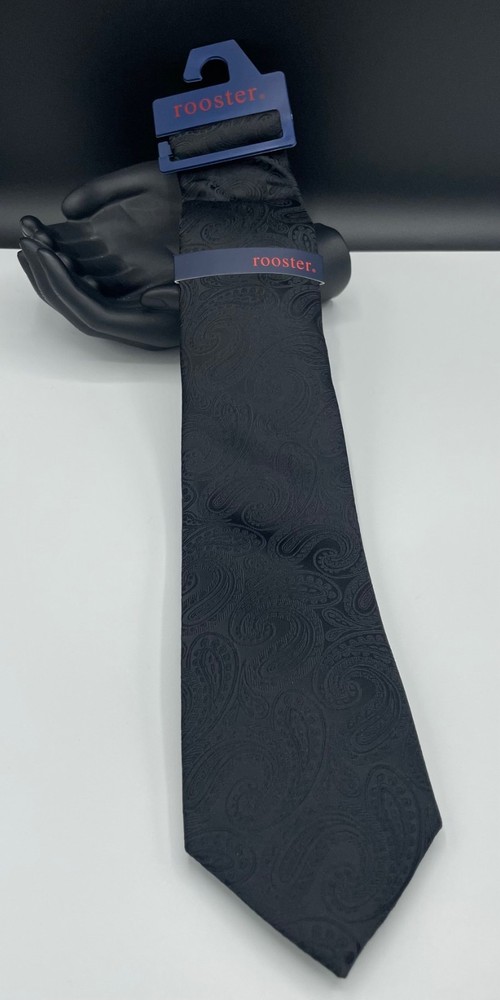 ROOSTER Men's 100% Polyester Tie ~ Black ~ Paisley Pattern ~ NEW!