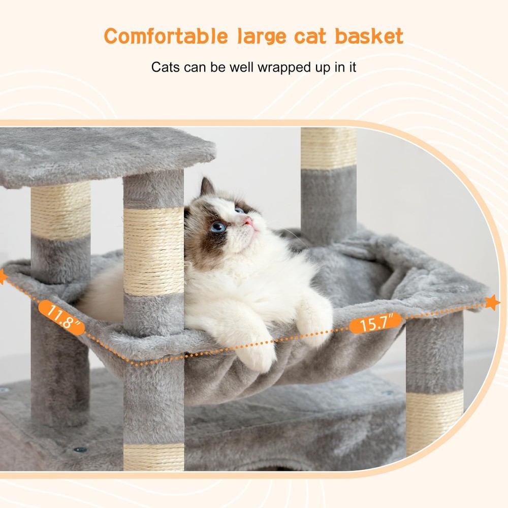 Cat Tree, Kitten Tower with Large Soft Cat Basket, Cat Condo with Spacious Ca...