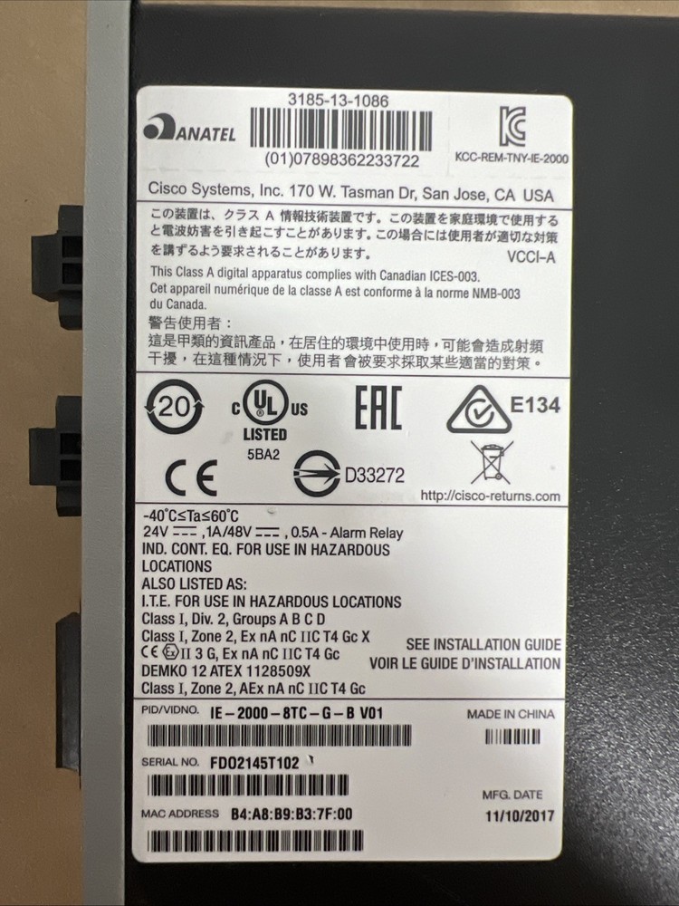 Cisco IE-2000-8TC-G-B Ethernet Switch