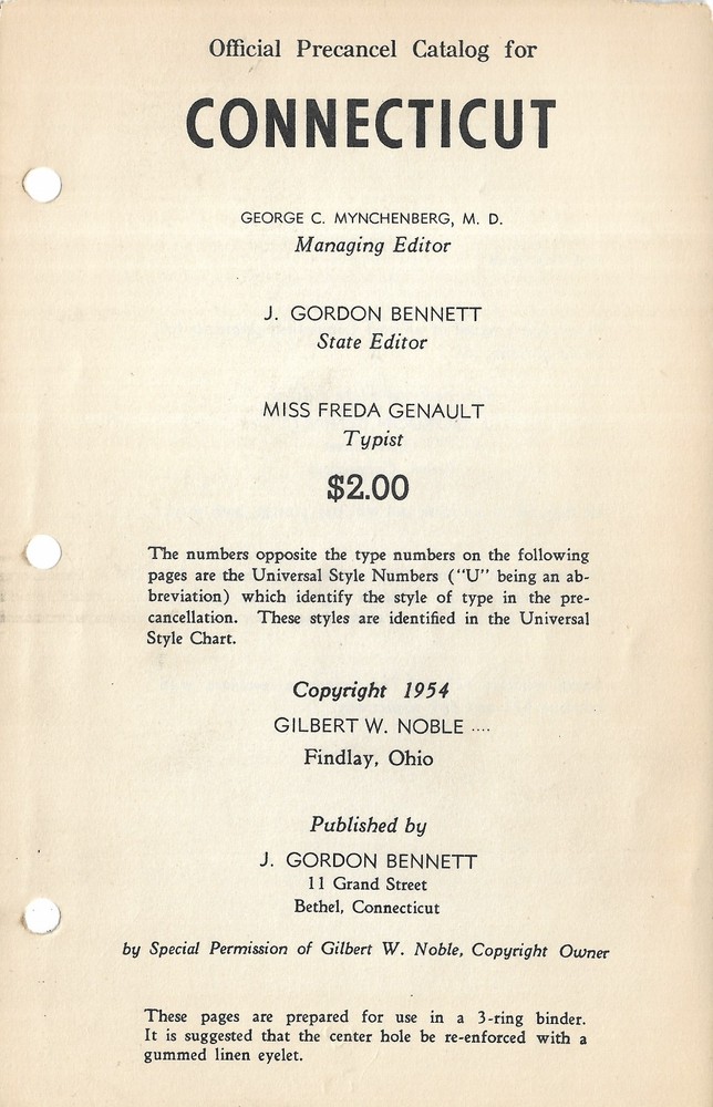 State General Precancel Catalogs: CONNECTICUT; Noble, 1954