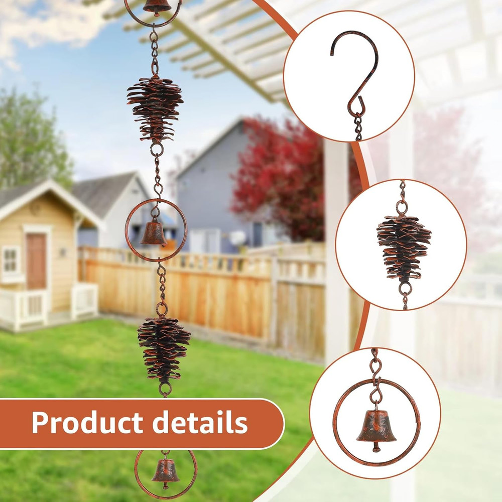 Rain Chain 3.6ft Antique Bronze Pinecone & Bell Rain Chain Gutter Eaves Drainage