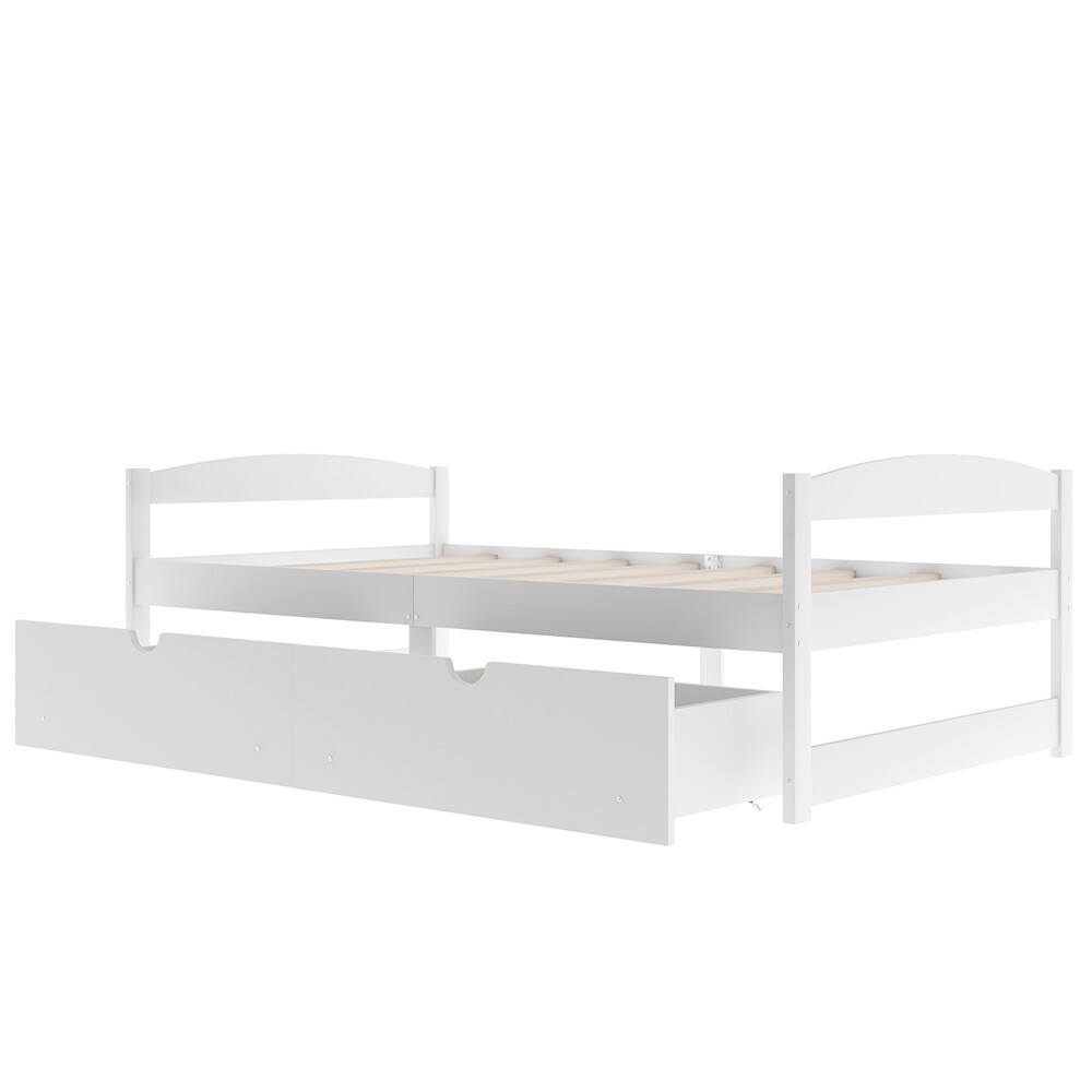 Twin Size Platform Bed Two Drawers White Solid Wood Frame Simple Single-layer
