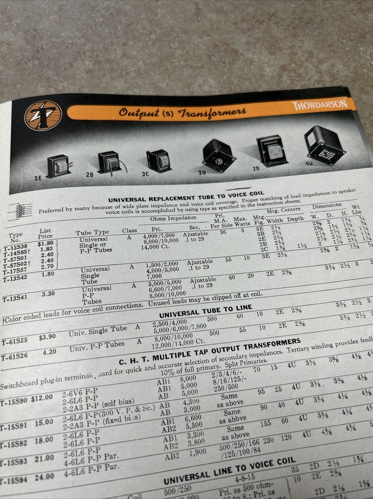TRANSFORMERS BY THORDARSON COMPLETE CAT. NO 400-FX 1942 & COMPARISON DATA JB61