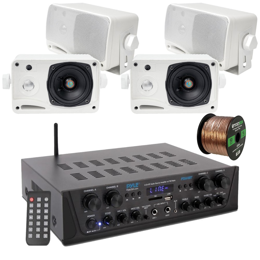 Pyle PTA44BT Bluetooth Home Audio Amplifier Receiver, 4x 3.5" Box Speakers, Wire