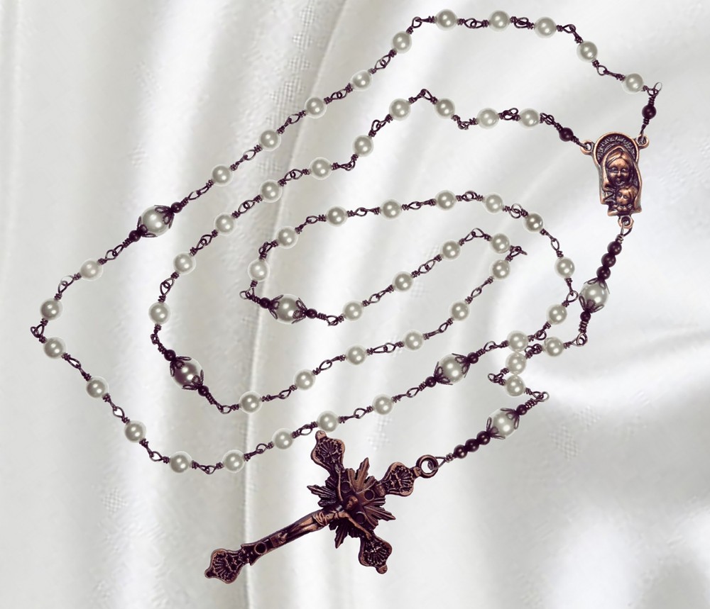 Catholic Rosary Handmade Unbreakable, White Crystal Pearls, Copper Crucifix