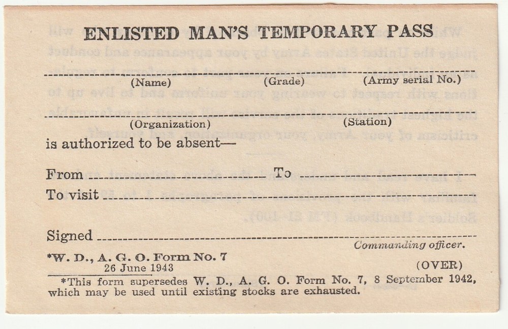 ORIGINAL WW2 U S ARMY ENLISTED MAN'S TEMPORARY PASS - UNUSED