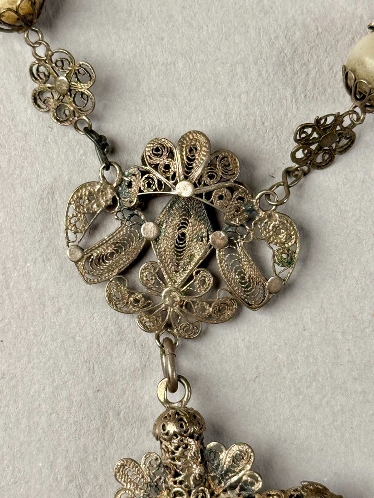 Antique MOP Balamuti Bead Rosary Filigree Silver Cross Crucifix Pendant Necklace