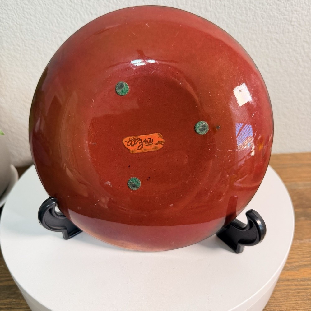 Orange Handcrafted Enamel on Copper Plate 7.5" Signed