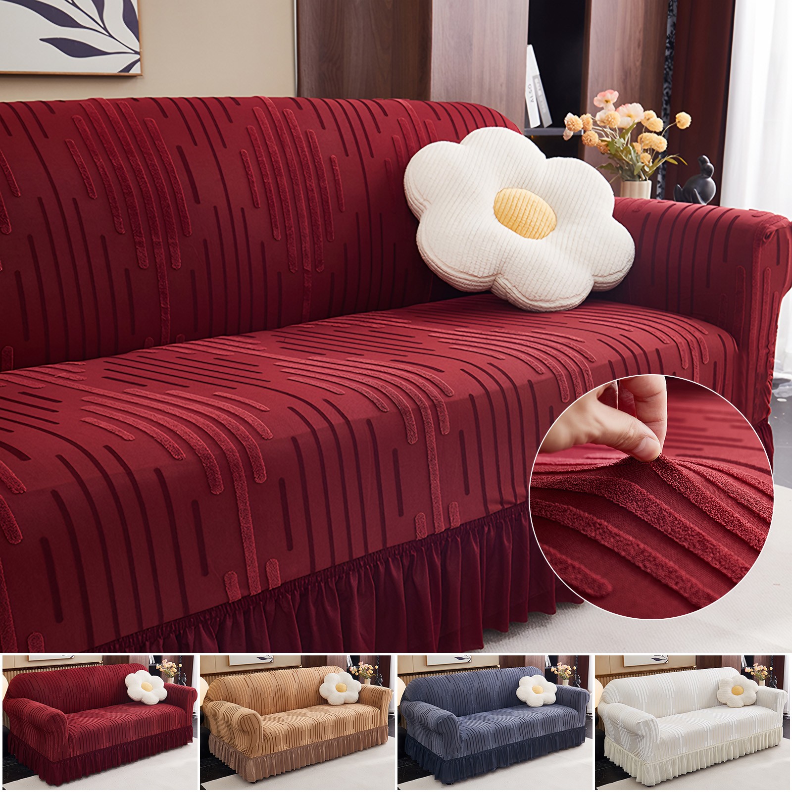 Stretch Jacquard Sofa Cover 1/2/3/4 Seater with Skirt Anti-Slip Couch Protector