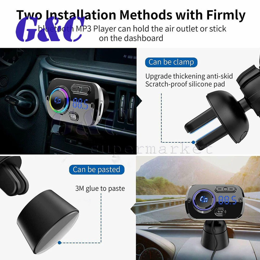 Bluetooth 5.0 Handsfree Car Kit FM Transmitter MP3 Player & USB Fast Charger AUX