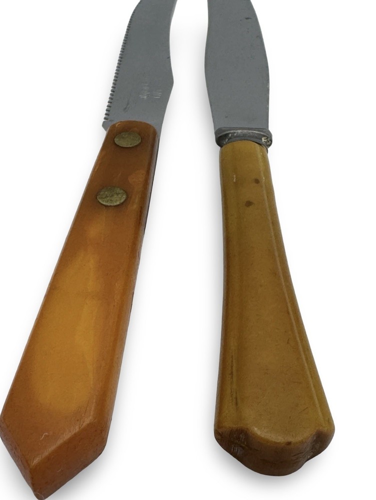 Two Vintage Bakelite Handled Knifes 1 Brown And 1 Brown & Orange