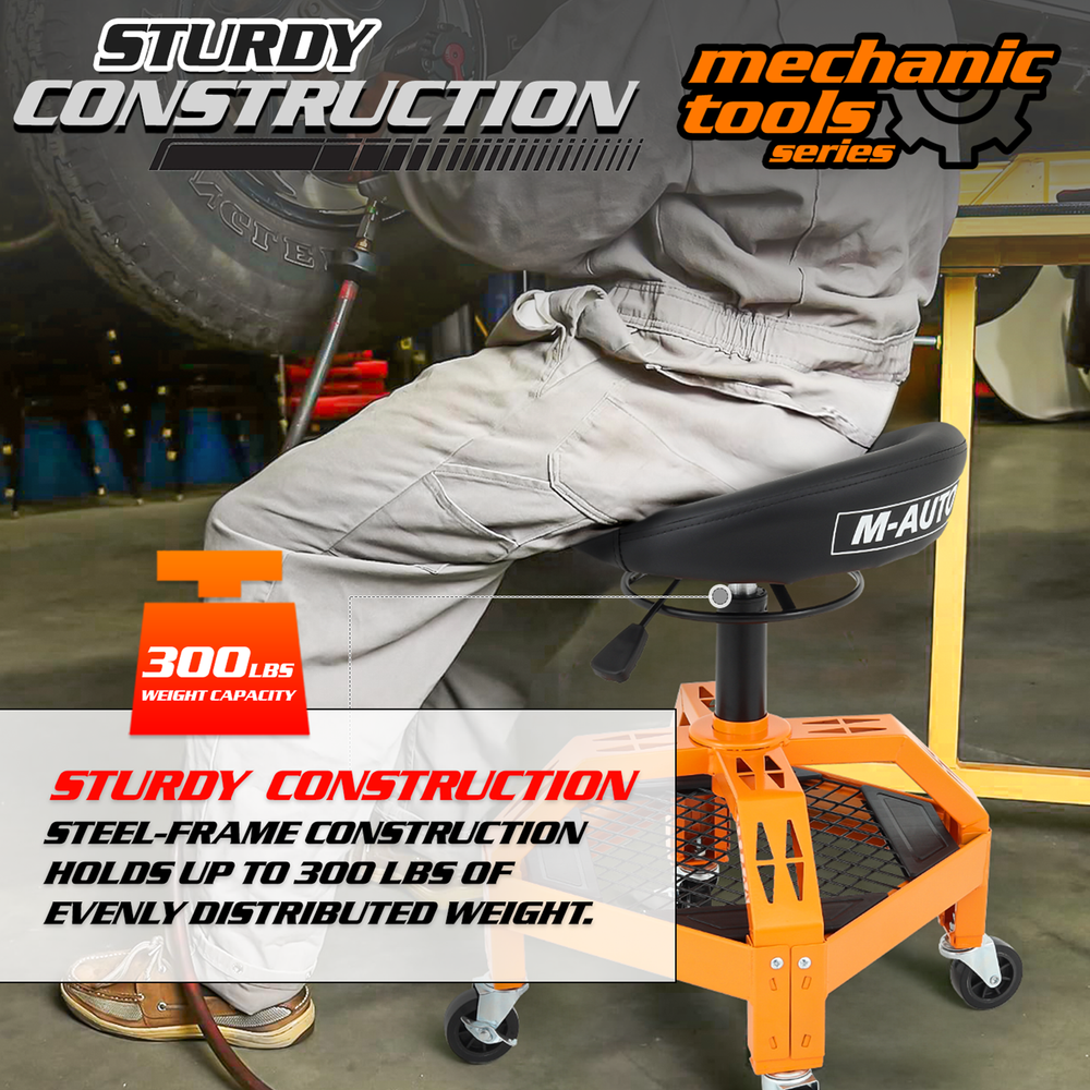 Rolling Garage Workshop Stool Adjustable Height Padded Creeper Seat w/Tool Tray